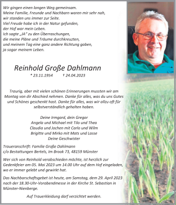 Anzeige von Reinhold Große Dahlmann 