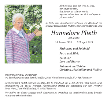 Anzeige von Hannelore Plieth 