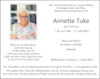 Anzeige von Annette Tuke 