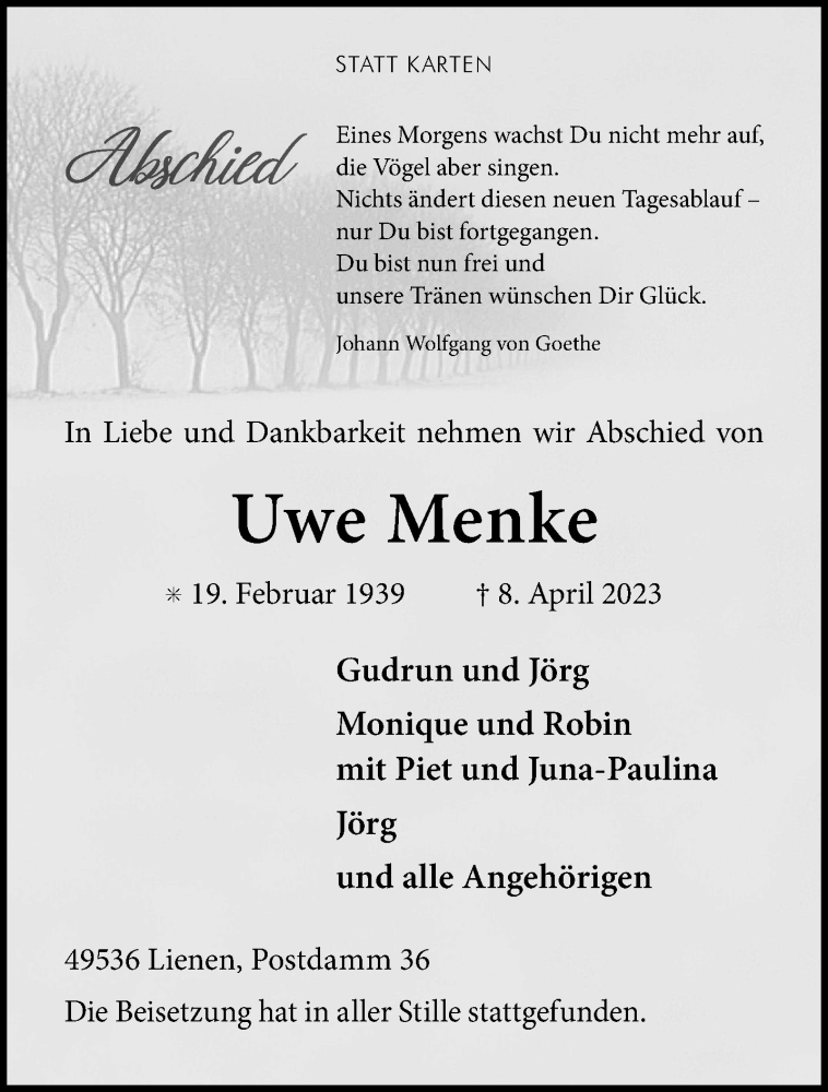  Traueranzeige für Uwe Menke vom 13.05.2023 aus 
