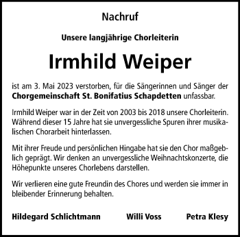 Anzeige von Irmhild Weiper 