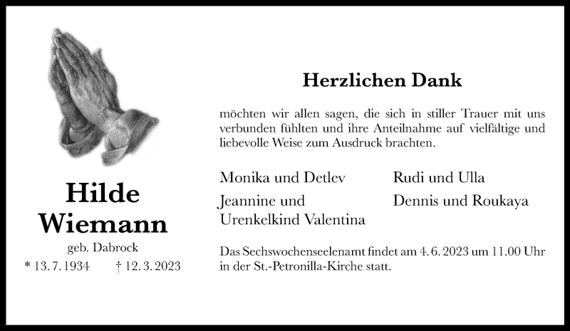  Traueranzeige für Hilde Wiemann vom 20.05.2023 aus 