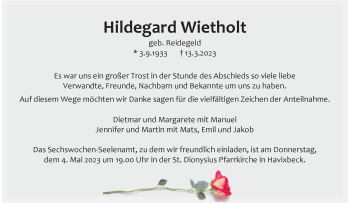 Anzeige von Hildegard Wietholt 