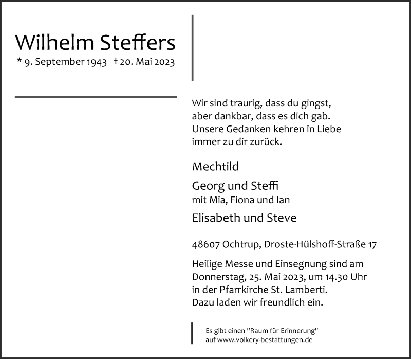  Traueranzeige für Wilhelm Steffers vom 23.05.2023 aus 