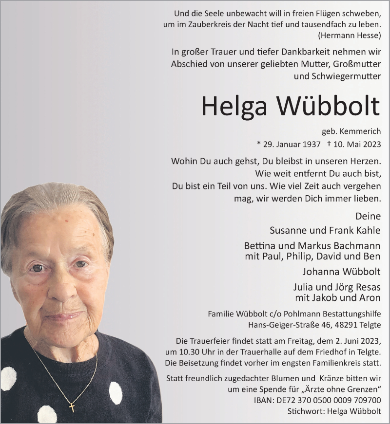  Traueranzeige für Helga Wübbolt vom 20.05.2023 aus 