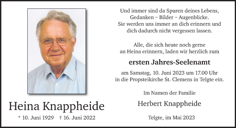  Traueranzeige für Heina Knappheide vom 27.05.2023 aus 