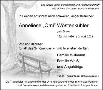 Anzeige von Anneliese Wöstenkühler 