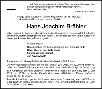 Anzeige von Hans Joachim Brähler 