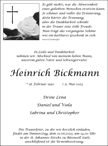 Anzeige von Heinrich Bickmann 