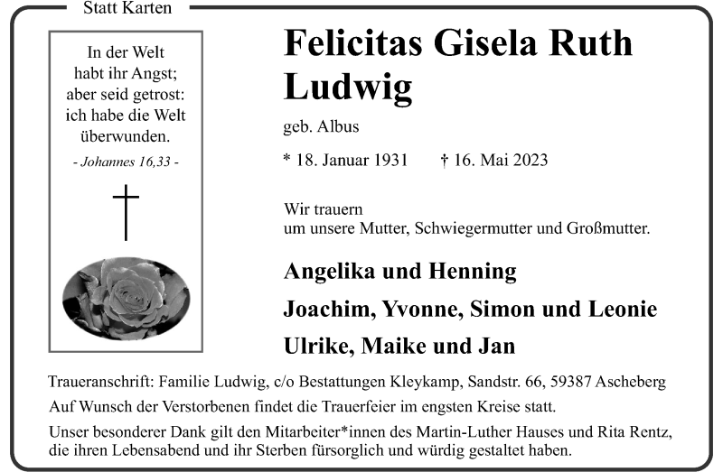  Traueranzeige für Felicitas Gisela Ruth Ludwig vom 22.05.2023 aus 