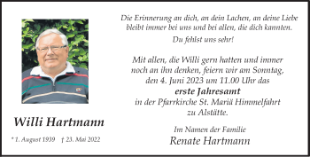 Anzeige von Willi Hartmann 