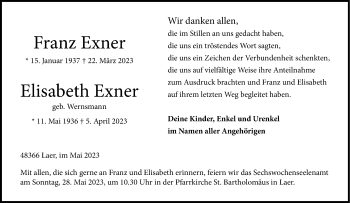 Anzeige von Franz Exner und Elisabeth Exner 