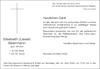 Anzeige von Elisabeth Beermann 