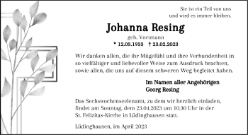 Anzeige von Johanna Resing 
