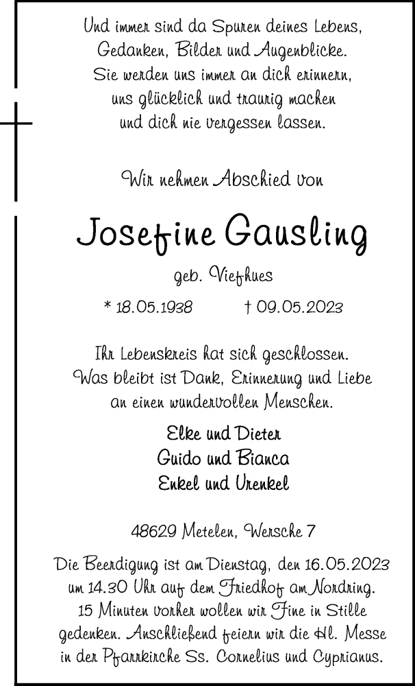  Traueranzeige für Josefine Gausling vom 12.05.2023 aus 