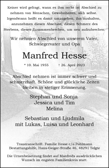 Anzeige von Manfred Hesse 