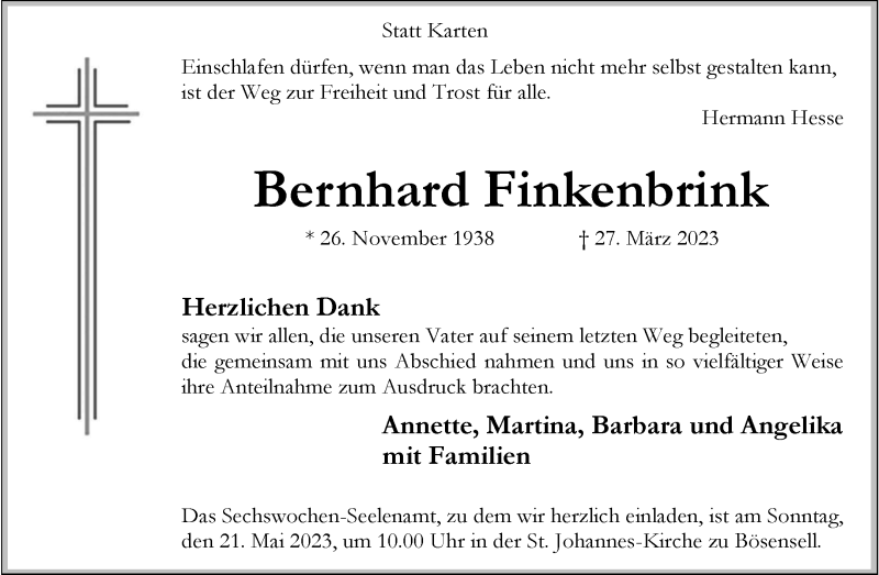  Traueranzeige für Bernhard Finkenbrink vom 13.05.2023 aus 