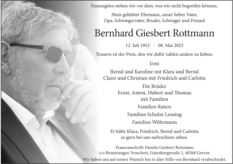  Traueranzeige für Bernhard Giesbert Rottmann vom 13.05.2023 aus 