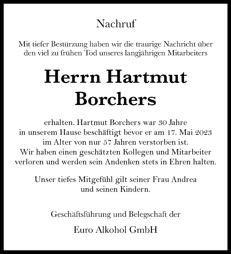  Traueranzeige für Hartmut Borchers vom 25.05.2023 aus 