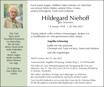 Anzeige von Hildegard Niehoff 