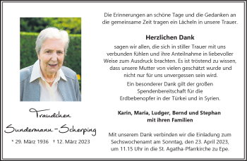 Anzeige von Traudchen Sundermann-Scherping 