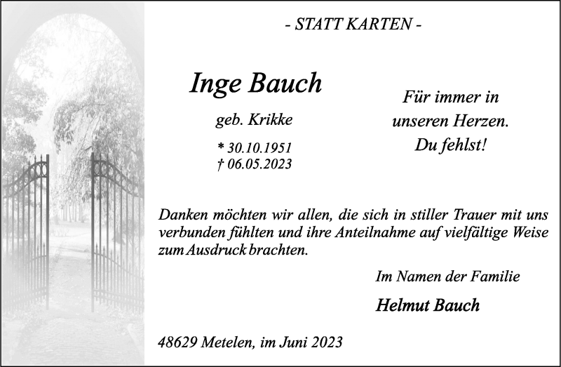  Traueranzeige für Inge Bauch vom 20.06.2023 aus 