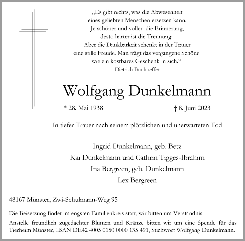  Traueranzeige für Wolfgang Dunkelmann vom 24.06.2023 aus 