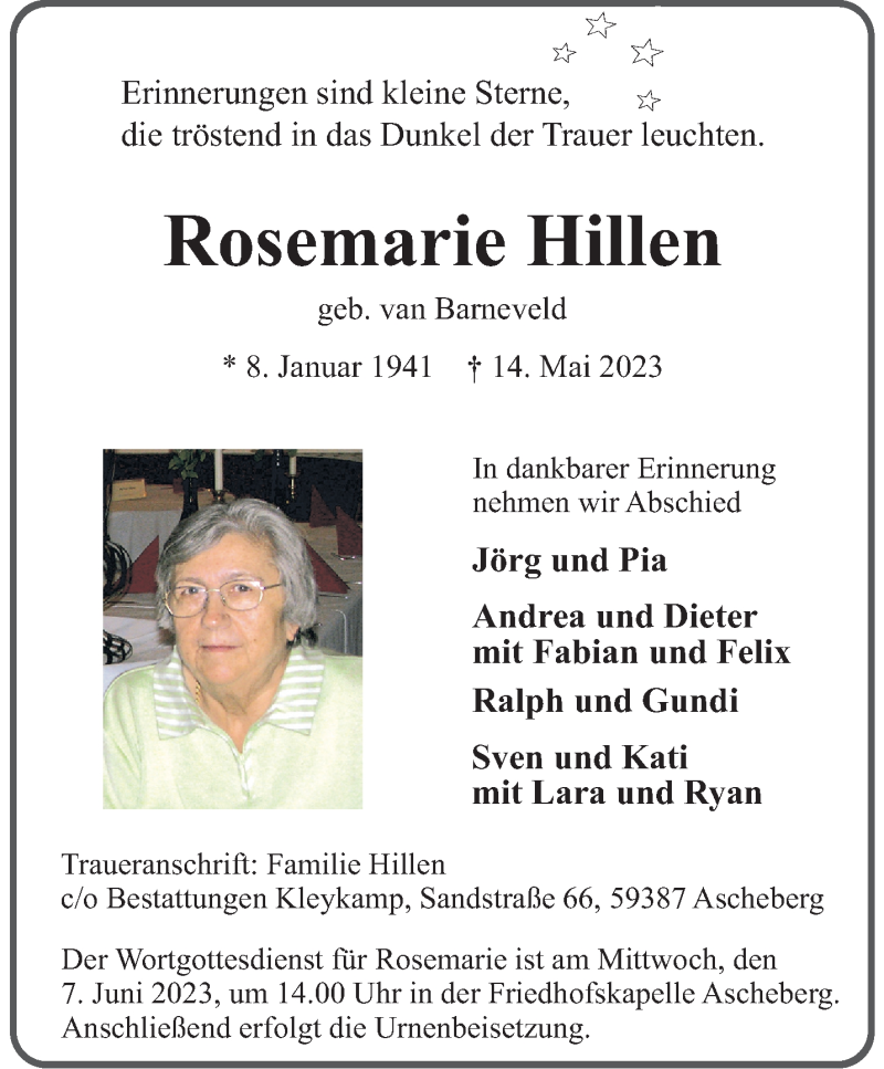  Traueranzeige für Rosemarie Hillen vom 27.05.2023 aus 