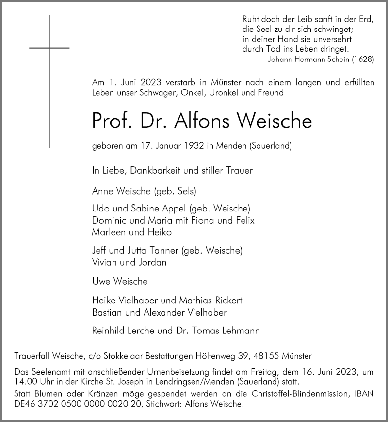  Traueranzeige für Prof. Dr. Alfons Weische vom 07.06.2023 aus 