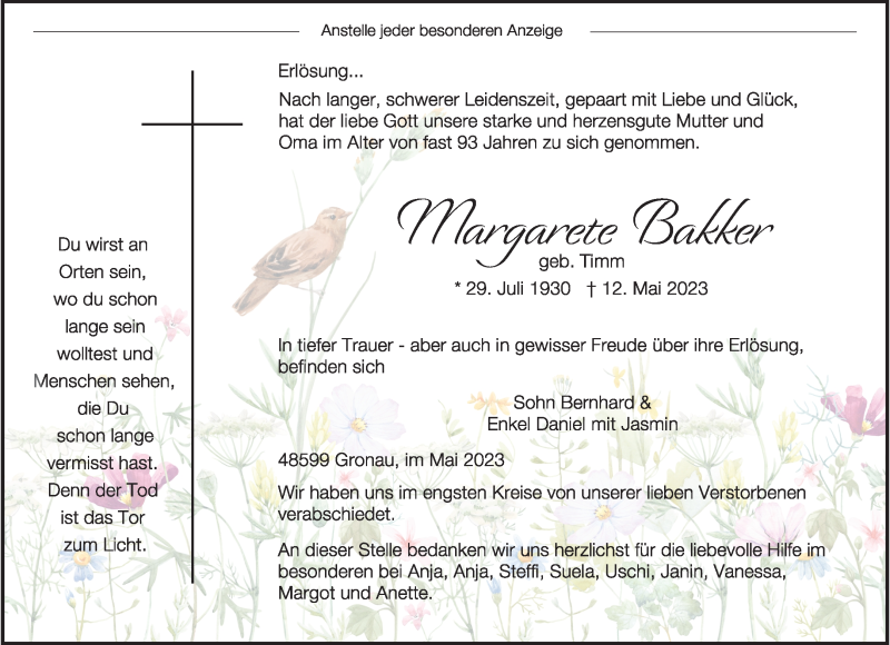  Traueranzeige für Margarete Bakker vom 27.05.2023 aus 