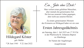 Anzeige von Hildegard Köster 