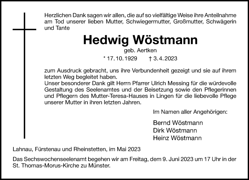  Traueranzeige für Hedwig Wöstmann vom 13.06.2023 aus 