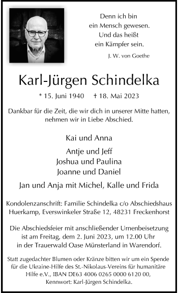 Anzeige von Karl-Jürgen Schindelka 