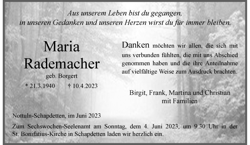  Traueranzeige für Maria Rademacher vom 01.06.2023 aus 