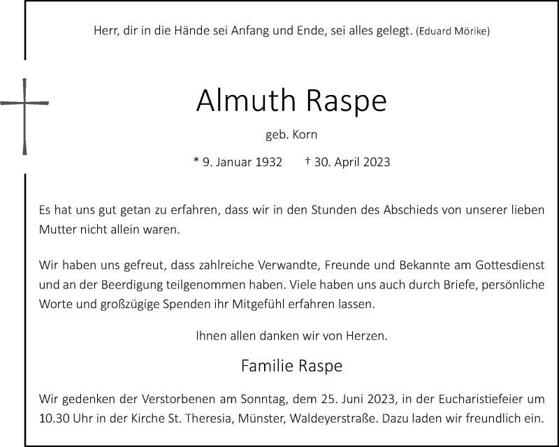  Traueranzeige für Almuth Raspe vom 17.06.2023 aus 