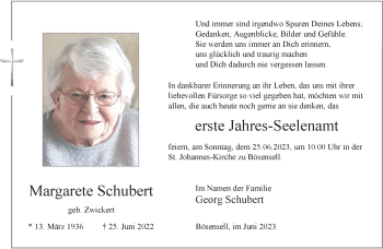 Anzeige von Margarete Schubert 
