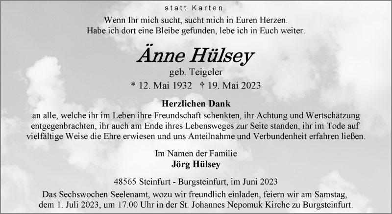  Traueranzeige für Änne Hülsey vom 24.06.2023 aus 