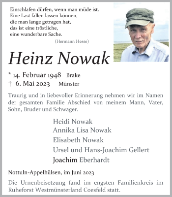 Anzeige von Heinz Nowak 