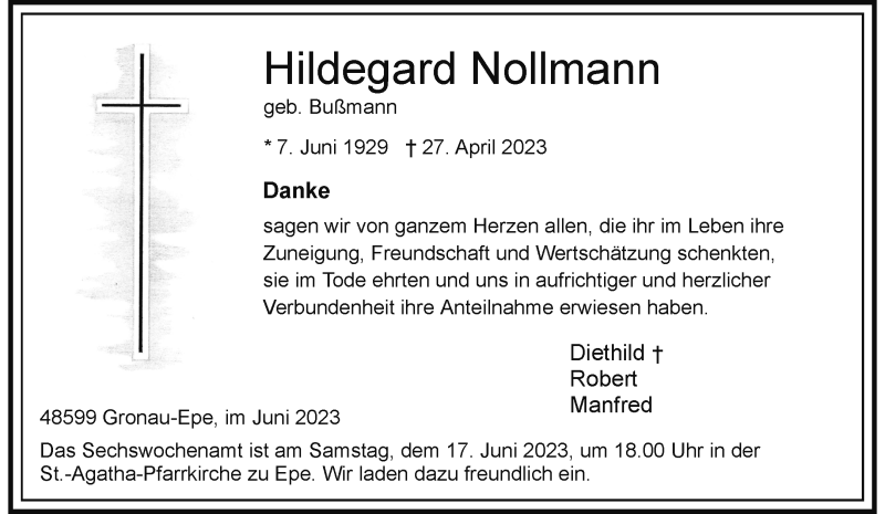  Traueranzeige für Hildegard Nollmann vom 10.06.2023 aus 