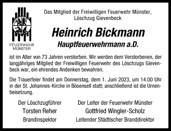 Anzeige von Heinrich Bickmann 