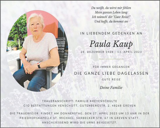 Anzeige von Paula Kaup 