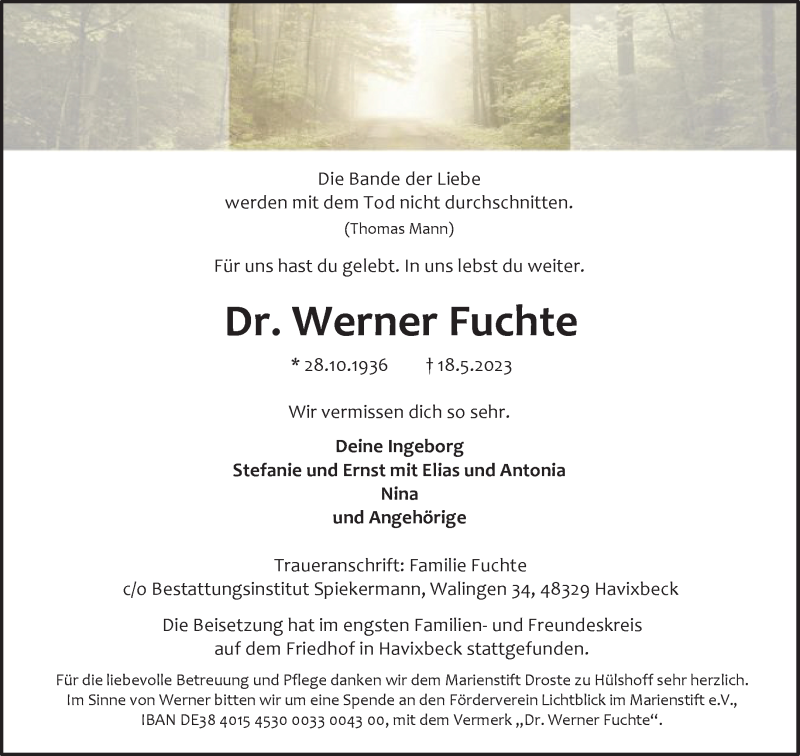  Traueranzeige für Dr. Werner Fuchte vom 27.05.2023 aus 