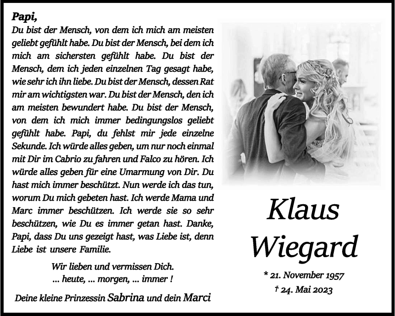  Traueranzeige für Klaus Wiegard vom 03.06.2023 aus 