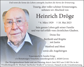 Anzeige von Heinrich Dröge 