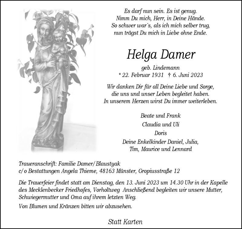  Traueranzeige für Helga Damer vom 10.06.2023 aus 