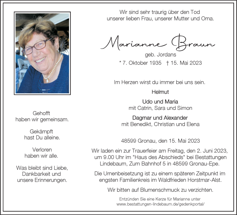  Traueranzeige für Marianne Braun vom 27.05.2023 aus 