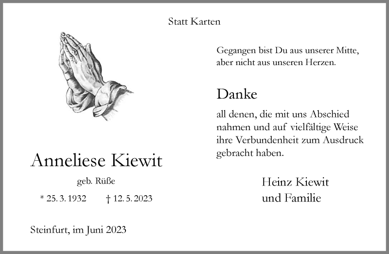  Traueranzeige für Anneliese Kiewit vom 17.06.2023 aus 