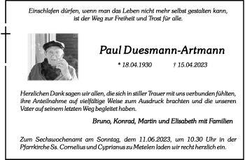Anzeige von Paul Duesmann-Artmann 