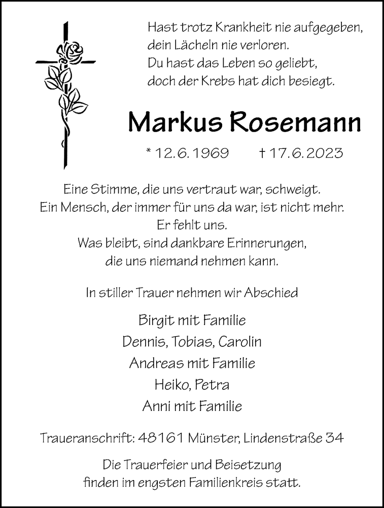  Traueranzeige für Markus Rosemann vom 15.07.2023 aus 