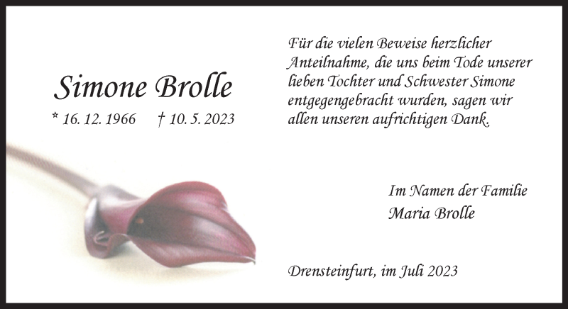  Traueranzeige für Simone Brolle vom 08.07.2023 aus 